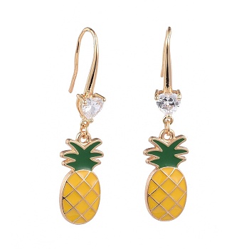 Alloy Enamel Dangle Earrings, with Brass Cubic Zirconia Earring Hooks, Pineapple, Golden, Yellow, 49mm, Pin: 0.9mm