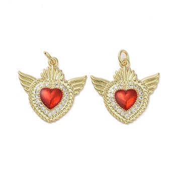 Brass Micro Pave Clear Cubic Zirconia Pendants, with Enamel, Sacred Heart, Real 16K Gold Plated, 21x21.5x2.5mm