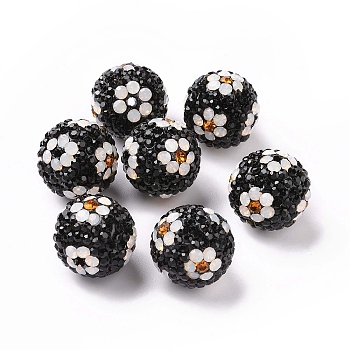 Polymer Clay Rhinestone Beads, Pave Disco Ball Beads, Round with Flower, Jet, 16mm, Hole: 1.6~1.8mm