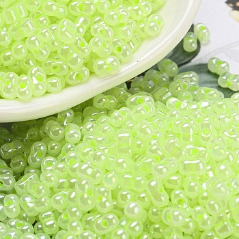 Ceylon Glass Seed Beads, Peanut, Green Yellow, 4~4.5x2~2.5x2~2.5mm, Hole: 0.8~0.9mm, about 10000pcs/pound