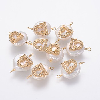 Natural Pearl Links connectors, with Brass Micro Pave Cubic Zirconia Findings, Flat Round with Constellation, Golden, Clear, Libra, 20~26x9~17x5~11mm, Hole: 1.6mm