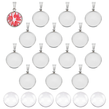 50Pcs Flat Round 304 Stainless Steel Pendant Cabochon Settings, with 50Pcs Transparent Glass Cabochons, Stainless Steel Color, Tray: 16mm, 15.5~20x15.5~18x1.5~4mm, Hole: 7x4mm