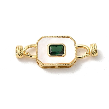 Rack Plating Brass Pave Green Cubic Zirconia Fold Over Clasps, with Shell, Cadmium Free & Lead Free, Long-Lasting Plated, Rectangle, Golden, Rectangle: 18x14x5.5mm, Clasp: 12x7x6mm, Inner Diameter: 4mm