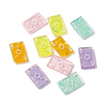 Transparent Resin Pendants, Playing Card Charms with Paillette and Glitter Powder, Rectangle with Spade, Mixed Color, 27x17x4mm, Hole: 2mm