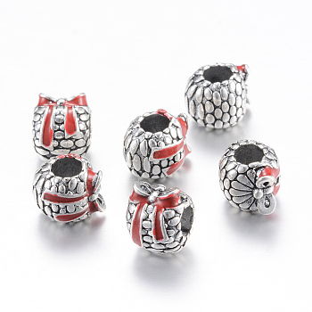 Alloy Enamel European Beads, Large Hole Beads, Rondelle with Bowknot, Antique Silver, FireBrick, 9.5x12x10mm, Hole: 4.5mm