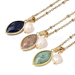 Natural Mixed Stone Faceted Horse Eye & Natural Pearl Pendant 304 Stainless Steel Satellite Chain Necklaces for Women, White, Golden, 17.72 inch(45cm)(NJEW-JN06058)