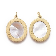 Natural Shell Charms, with Golden Plated 316 Surgical Stainless Steel Findings and Jump Rings, Oval, Seashell Color, 17x13x1.3mm, Jump Ring: 4x0.6mm, Inner Diameter: 2.8mm(STAS-H100-02G)