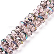 Transparent Electroplate Glass Beads Strands, Faceted, Rondelle, Half Rainbow Plated, Pink, 7.5~8x6.5mm, Hole: 1.4mm, about 65pcs/strand, 16.54 inch(42cm)(GLAA-F122-02B)