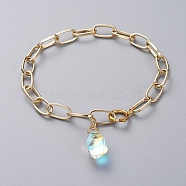 AB Color Half Electroplated Glass Anklets, with Aluminium Cable Chains/Paperclip Chains and Brass Spring Ring Clasps, Teardrop, Golden, 9-7/8 inch(25cm)(X-AJEW-AN00283)