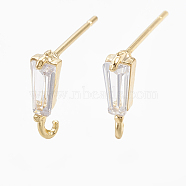 Brass Stud Earring Findings, with Loop, Real 18K Gold Plated, with Cubic Zirconia, Clear, 10x3mm, Hole: 1mm, Pin: 0.7mm(KK-S348-118)