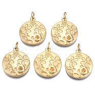 316 Surgical Stainless Steel Pendants Rhinestone Settings, with Jump Rings, Flat Round with Flower, Real 14K Gold Plated, Fit For 2mm rhinestone, 23x20x3mm, Hole: 4.5mm, Jump Ring: 6x1mm, 4.5mm inner diamet(STAS-N097-040)
