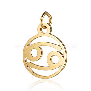201 Stainless Steel Charms, with Jump Rings, Polished, Flat Round with Constellation, Golden, Cancer, 13x11x1mm, Hole: 2.5mm(STAS-T036-T513-4)