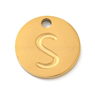 Ion Plating(IP) 304 Stainless Steel Pendants, Laser Cut, Flat Round with Letter Charm, Golden, Letter S, 10x1mm, Hole: 1.4mm(FIND-M017-02G-S)