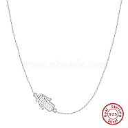 925 Sterling Silver Cable Chain Necklaces, Hamsa Hand Pendant Necklaces, Real Platinum Plated, 14.17 inch(36cm)(NJEW-L116-03P)
