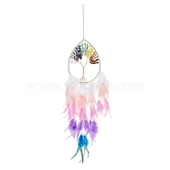 Wire Wrapped Natural Gemstone Chip Teardrop with Tree of Life Wind Chime, Feather Tassel for Home Window Hanging Ornaments, 640x200mm(HJEW-K067-09P-01)