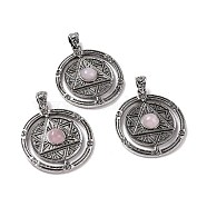 Natural Rose Quartz Pendants, Flat Round with Hexagram Charms, with Antique Silver Plated Alloy Findings, 42.5x37x8mm, Hole: 5.5x4mm(G-L524-05AS-05)