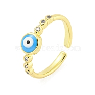 304 Stainless Steel Cubic Zirconia Open Cuff Ring, Enamel Evil Eye Ring for Women, Deep Sky Blue, 6mm, inner diameter: adjustable(RJEW-S406-03G-01)