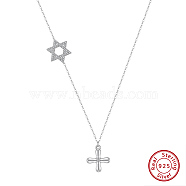 925 Sterling Silver Cable Chain Necklaces, Micro Pave 5A Cubic Zirconia Star Charms, Cross Pendant Necklaces , Real Platinum Plated, 14.09 inch(35.8cm)(NJEW-L116-04P)
