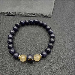 Taurus Round Synthetic Blue Goldstone & Natural Rutilated Quartz Stretch Bracelets for Women Men(EA3132-12)