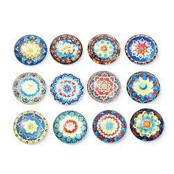 12Pcs Glass Cabochons, Round with Flower, Mixed Color, 25x25x7mm(GGLA-S059-05)