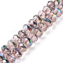 Transparent Electroplate Glass Beads Strands, Faceted, Rondelle, Half Rainbow Plated, Pink, 7.5~8x6.5mm, Hole: 1.4mm, about 65pcs/strand, 16.54 inch(42cm)(GLAA-F122-02B)