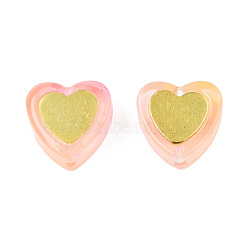 Transparent Spray Painted Glass Beads, with Golden Plated Brass Findings, Heart, Light Salmon, 12x12x5mm, Hole: 1mm(LAMP-N032-05-B01)