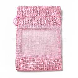 Linen Pouches, Drawstring Bags, with Organza Windows, Rectangle, Pearl Pink, 14x10x0.5cm(X-ABAG-I009-02F)