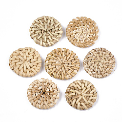 Handmade Reed Cane/Rattan Woven Beads, For Making Straw Earrings and Necklaces, No Hole/Undrilled, Flat Round, BurlyWood, 30~35x5~7mm(X-WOVE-T006-131B)