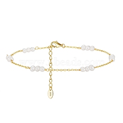 Natural Freshwater Pearl Beaded Link Anklet with 925 Sterling Silver Cable Chain for Women, with S925 Stamp, Real 14K Gold Plated, 8-5/8 inch(22cm)(AJEW-F162-015G)