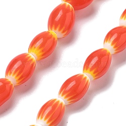 Handmade Millefiori Lampwork Beads Strands, Rice, Orange Red, 11.5~12x7.5~8.5mm, Hole: 0.8mm, about 31pcs/strand, 14.37~14.45 inch(36.5~36.7cm)(LAMP-F035-13B-02)