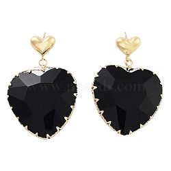 Glass Heart Dangle Stud Earrings, Light Gold Brass Earrings, Black, 40x27.5mm(EJEW-Q800-17B-KCG)