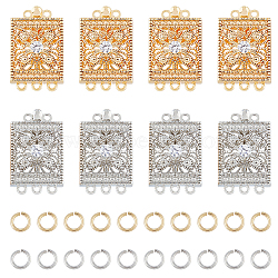 8Pcs Brass Pave Clear Cubic Zirconia Box Clasps, Multi-Strand Clasps, 3-Strands, 6 Holes, Rectangle, with 40Pcs Open Jump Rings, Platinum & Golden, 14x22.9x6.7mm, Hole: 1.2mm(KK-DC0002-92)