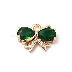 Brass Charms, with Glass, Bowknot, Golden, Green, 11x14x4mm, Hole: 1.6mm(KK-C062-045G-02)