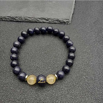 Taurus Round Synthetic Blue Goldstone & Natural Rutilated Quartz Stretch Bracelets for Women Men