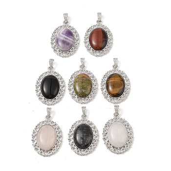 Natural Mixed Stone Pendants, with Platinum Tone Alloy Findings, Oval Charms, Mixed Dyed and Undyed, 41x28.5x7.5mm, Hole: 7.2x4mm