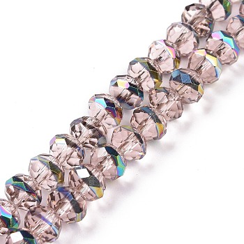 Transparent Electroplate Glass Beads Strands, Faceted, Rondelle, Half Rainbow Plated, Pink, 7.5~8x6.5mm, Hole: 1.4mm, about 65pcs/strand, 16.54 inch(42cm)
