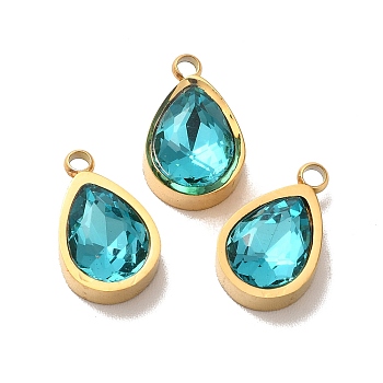 Ion Plating(IP) 304 Stainless Steel Pendants, with Dark Turquoise Glass, Teardrop Charms, Golden, 12x7x4mm, Hole: 1.5mm