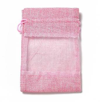Linen Pouches, Drawstring Bags, with Organza Windows, Rectangle, Pearl Pink, 14x10x0.5cm