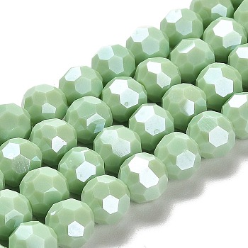 Electroplate Opaque Glass Beads Strands, Faceted(32 Facets), Pearl Luster Plated, Round, Medium Sea Green, 10mm, Hole: 1.2mm, about 65~69pcs/strand, 23.03~24.49 inch(58.5~62.2cm)
