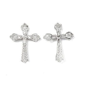 Brass Micro Pave Clear Cubic Zirconia Pendants, with Glass, Cross Charm, Platinum, 34.5x26x3.8mm, Hole: 1.6x5mm