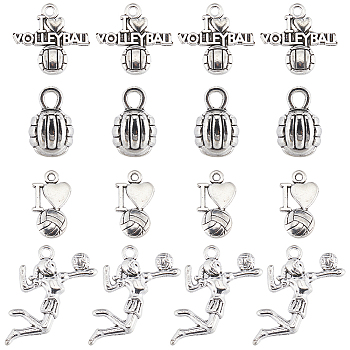 64Pcs 4 Styles Sports Theme Tibetan Style Alloy Volleyball Charms, Antique Silver, 15~24x9~26x2~4mm, Hole: 1~4mm, 16pcs/style