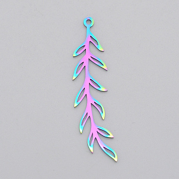 Ion Plating(IP) 201 Stainless Steel Pendants, Laser Cut, Leaf, Rainbow Color, 44x11x1mm, Hole: 1.5mm