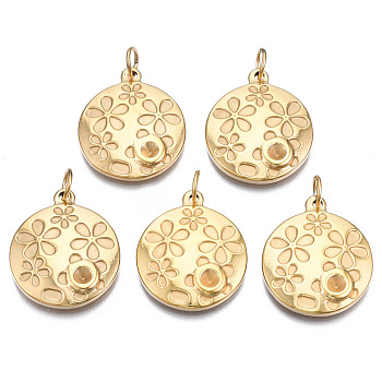 316 Surgical Stainless Steel Pendants Rhinestone Settings, with Jump Rings, Flat Round with Flower, Real 14K Gold Plated, Fit For 2mm rhinestone, 23x20x3mm, Hole: 4.5mm, Jump Ring: 6x1mm, 4.5mm inner diamet