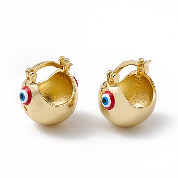 Brass Enamel Evil Eye Half Hoop Earrings, Real 18K Gold Plated Chubby Hoop Earrings for Women Girls, FireBrick, 20x17.5x15.5mm, Pin: 1mm