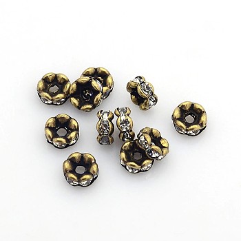 Brass Rhinestone Spacer Beads, Grade AAA, Wavy Edge, Nickel Free, Antique Bronze, Rondelle, Crystal, 6x3mm, Hole: 1mm