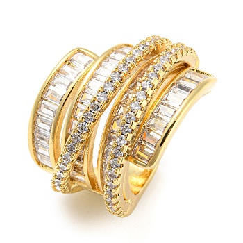 Rack Plating Brass Micro Pave Cubic Zirconia Open Cuff Ring for Women, Long-Lasting Plated, Lead Free & Cadmium Free, Real 18K Gold Plated, US Size 6 3/4(17.1mm), 6~20.5mm