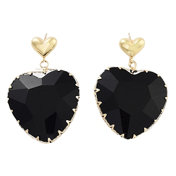 Glass Heart Dangle Stud Earrings, Light Gold Brass Earrings, Black, 40x27.5mm