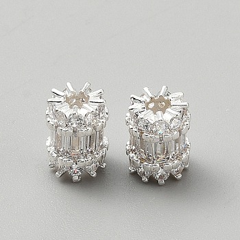 Brass Micro Pave Clear Cubic Zirconia Beads, Column, Silver, 10.5x8mm, Hole: 2.2mm
