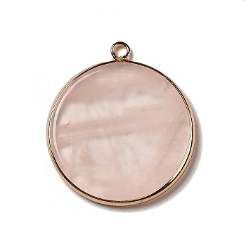Natural Rose Quartz Pendants, Flat Round Charms, with Golden Plated Brass Frame, 35x31x3~3.5mm, Hole: 2.5mm