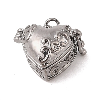 Carved Heart Rack Plating Brass Prayer Box Pendants, Wish Box, Gunmetal, 20x22x12mm, Hole: 5x3mm